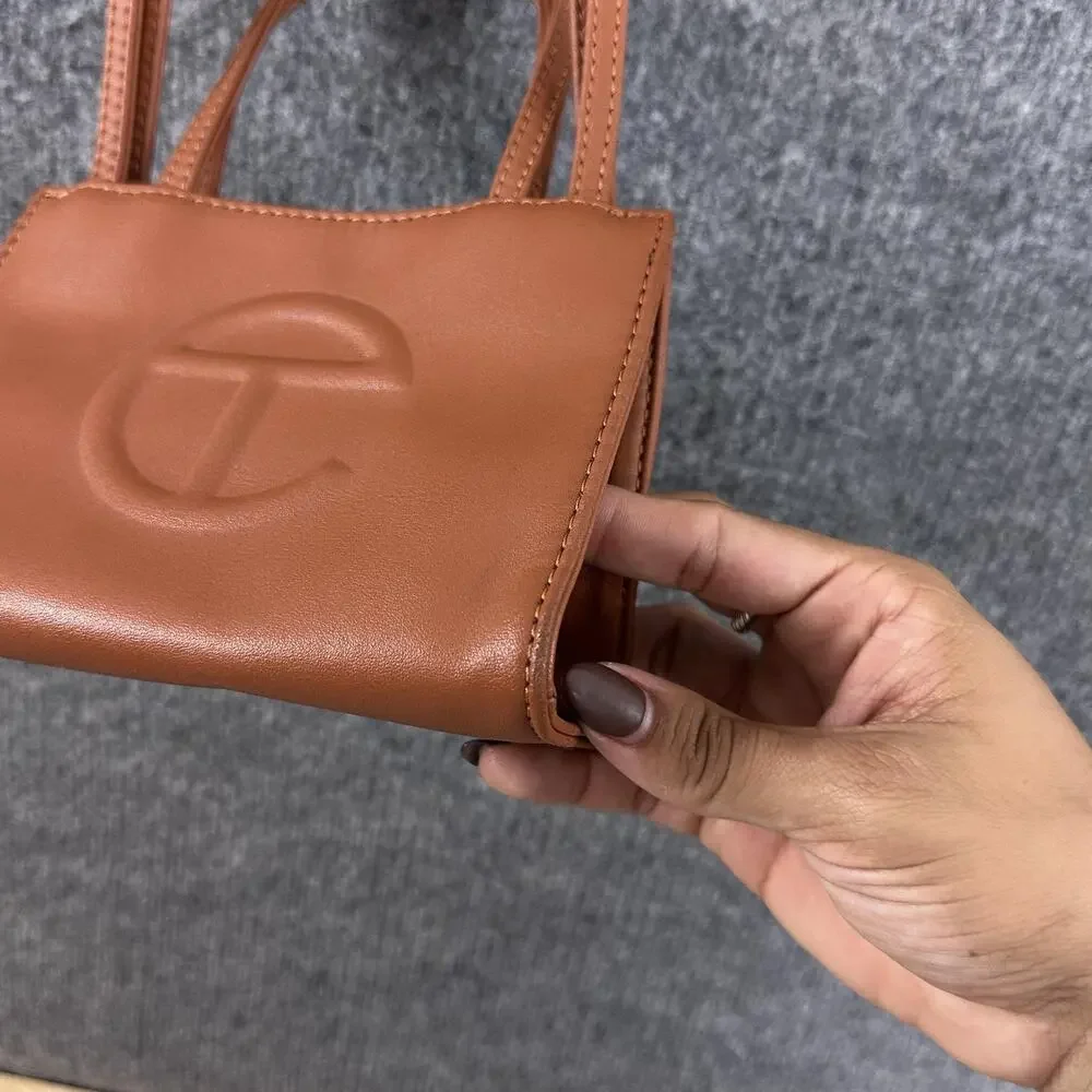 Telfar Small Shopping Bag in Tan Vegan Leather Crossbody Faux Leather Logo Purse
